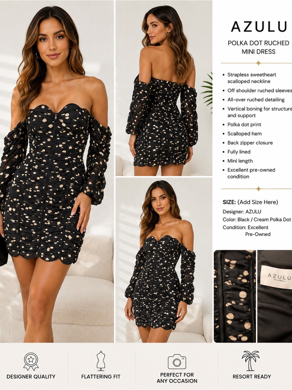 Azulu Black & Cream Polka Dot Ruched Mini Dress